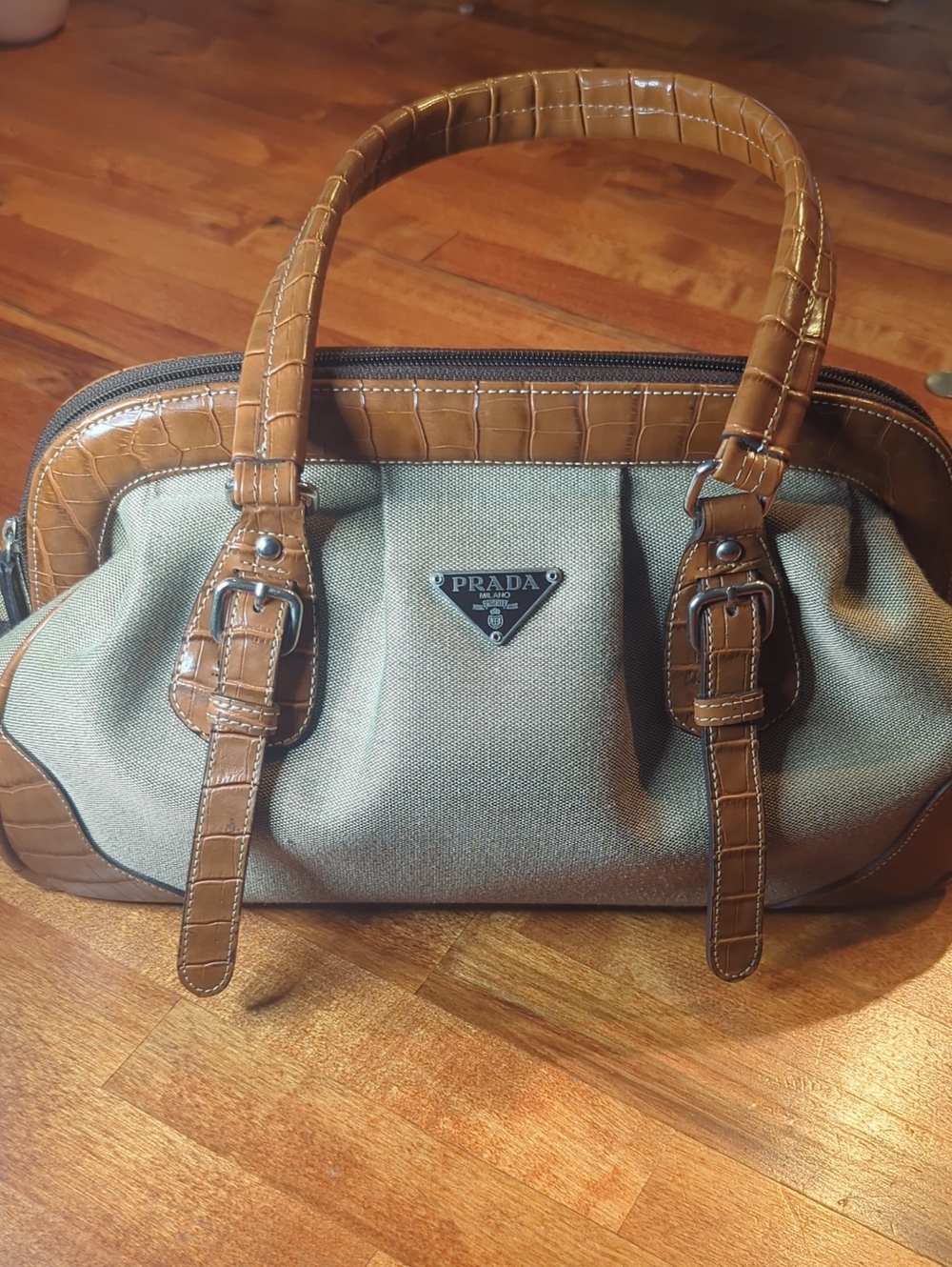 Prada Like Tan Leather-Trim Beige Canvas Shoulder Bag